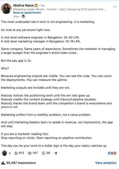 The most underpaid role in tech is not engineering. It is marketing.